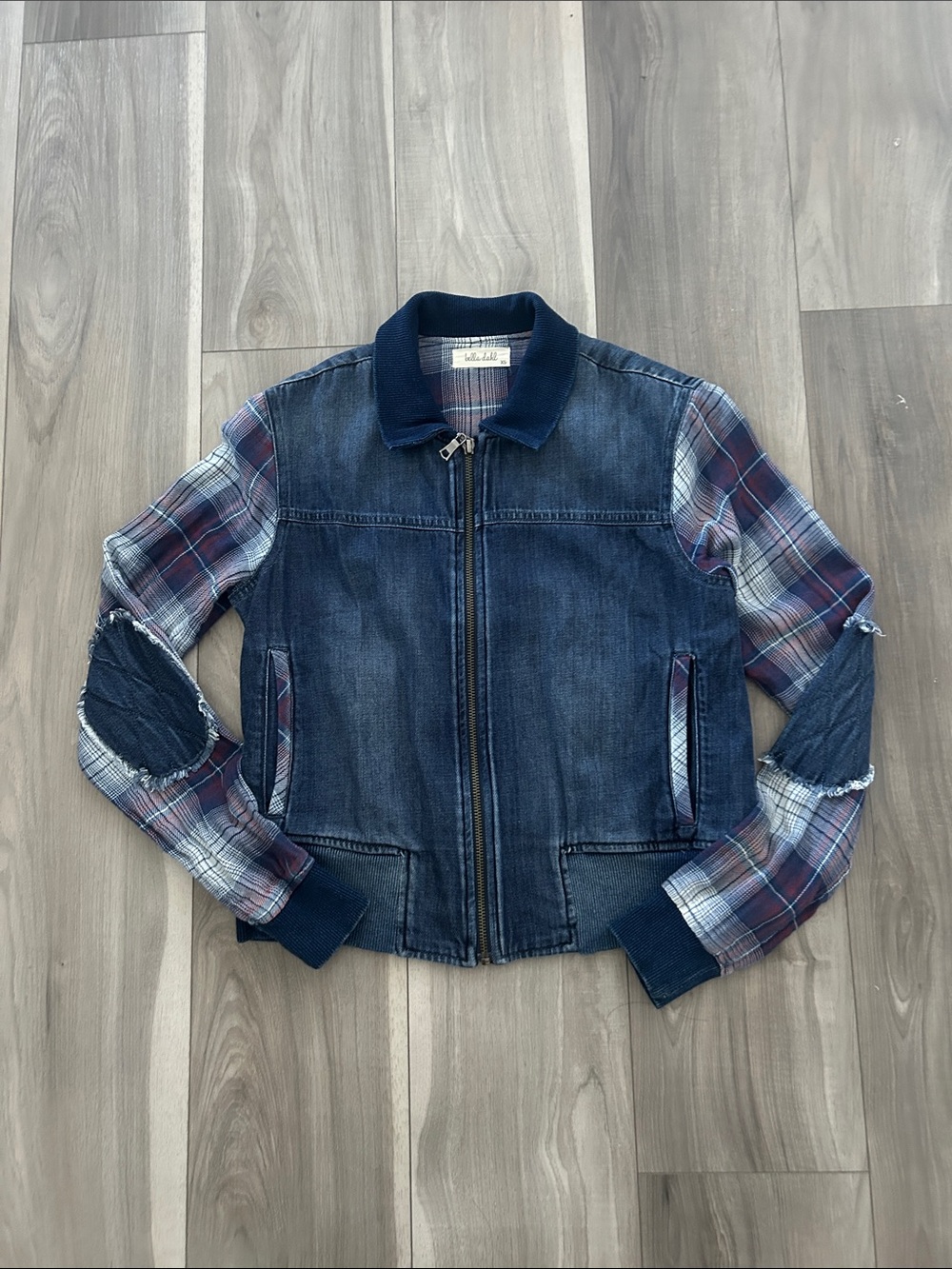 Bella Dahl Mixed Media Denim Jacket Plaid Sleeves Elbow Patches XS Made in USA